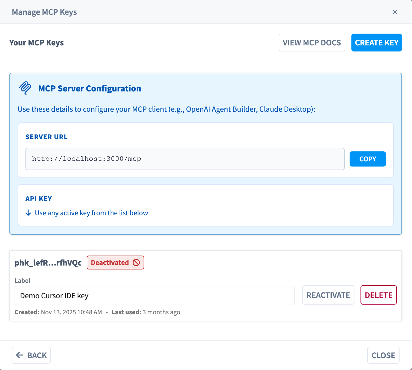 Manage MCP Keys dialog