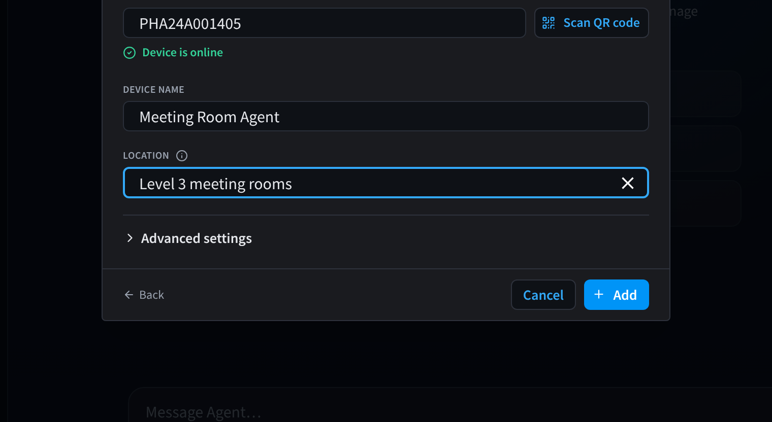 Dialoogvenster Add Physical Agent met ingevoerd serienummer PHA24A001405 dat als online wordt weergegeven, de naam Meeting Room Agent en de locatie Verdieping 3 vergaderruimtes