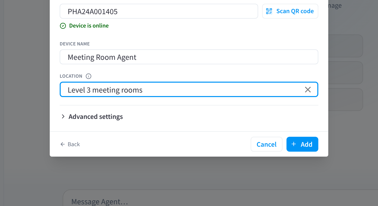 Dialoogvenster Add Physical Agent met ingevoerd serienummer PHA24A001405 dat als online wordt weergegeven, de naam Meeting Room Agent en de locatie Verdieping 3 vergaderruimtes