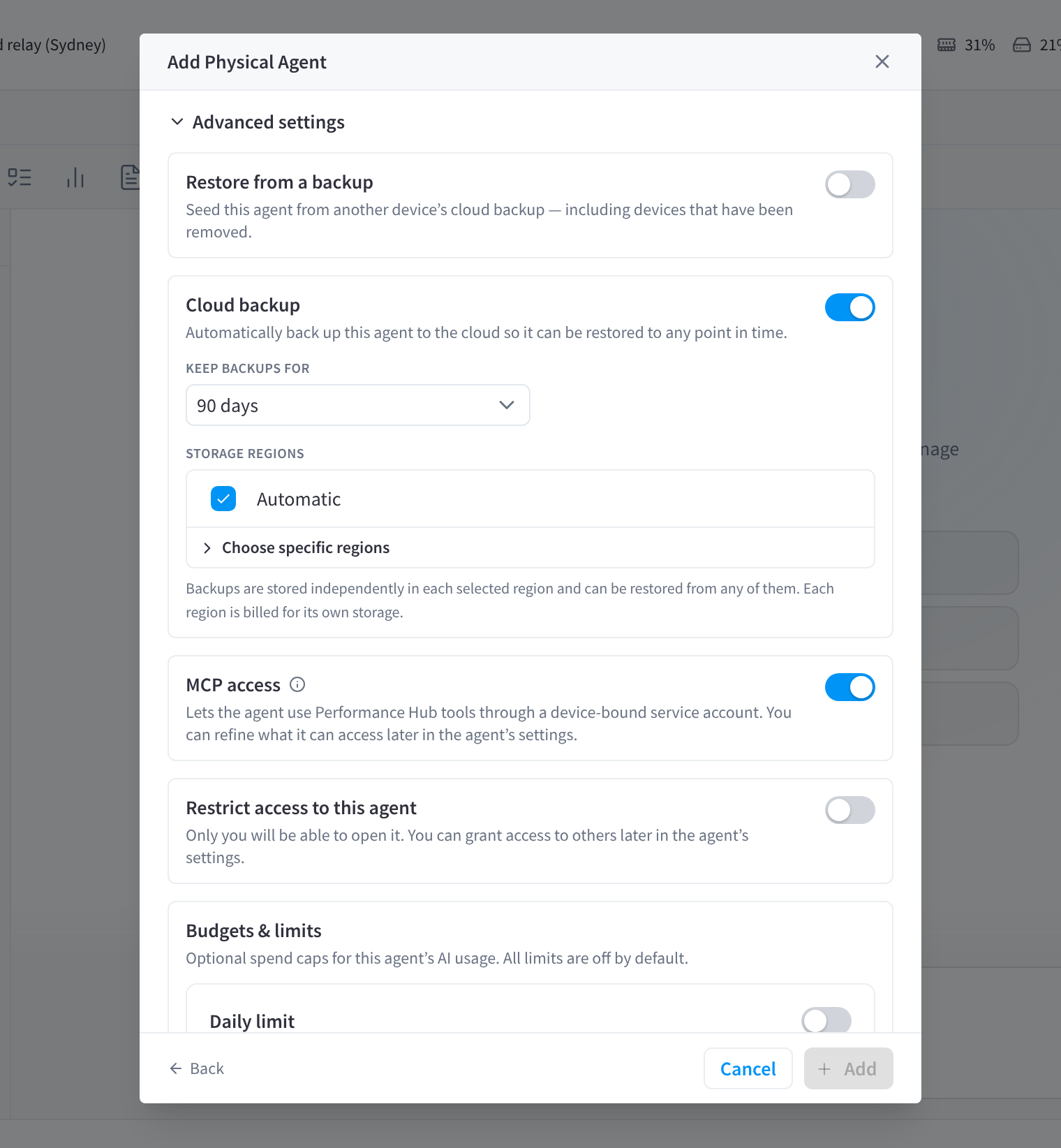 Dialoogvenster Add Physical Agent met geavanceerde instellingen geopend, met herstellen vanaf een back-up, cloudback-up met retentie, opslagregio's, MCP access, beperkte toegang en budgetten