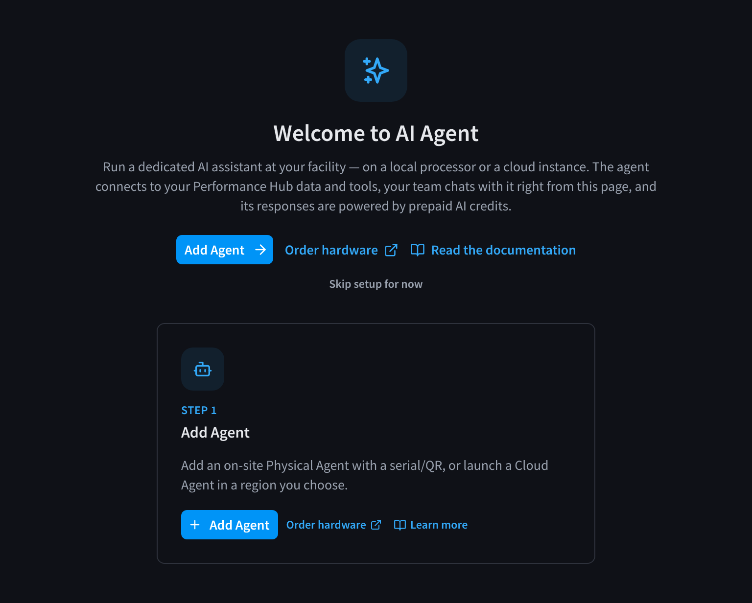 Get started-scherm voor een faciliteit zonder AI agents, met de optie om een physical of cloud agent toe te voegen