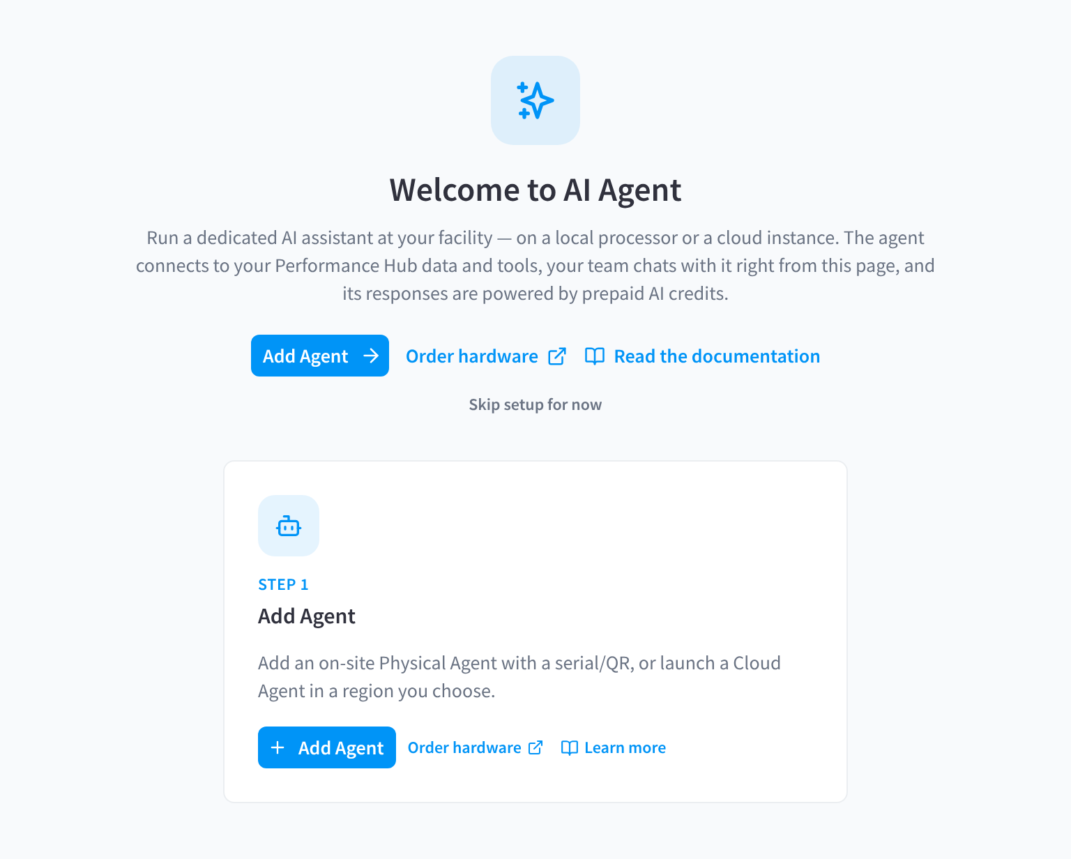 Get started-scherm voor een faciliteit zonder AI agents, met de optie om een physical of cloud agent toe te voegen