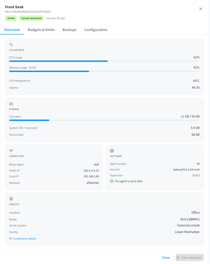 Device drawer — Overview tab