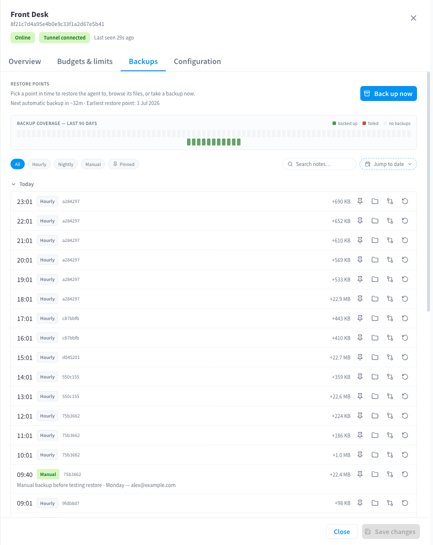 Device drawer — Backups tab