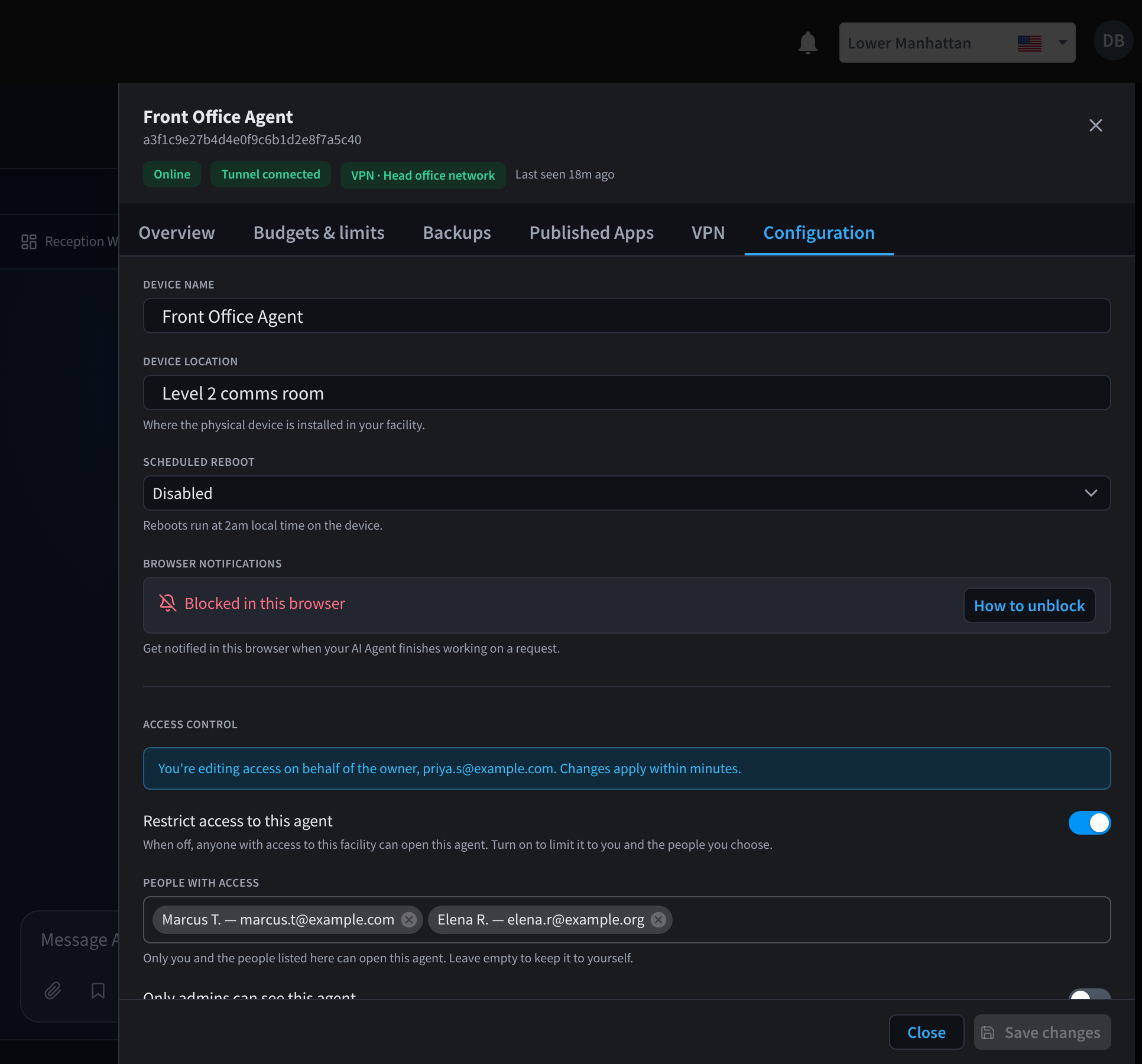 Onglet Configuration avec le nom de l'appareil, l'emplacement, le redémarrage planifié et les notifications du navigateur