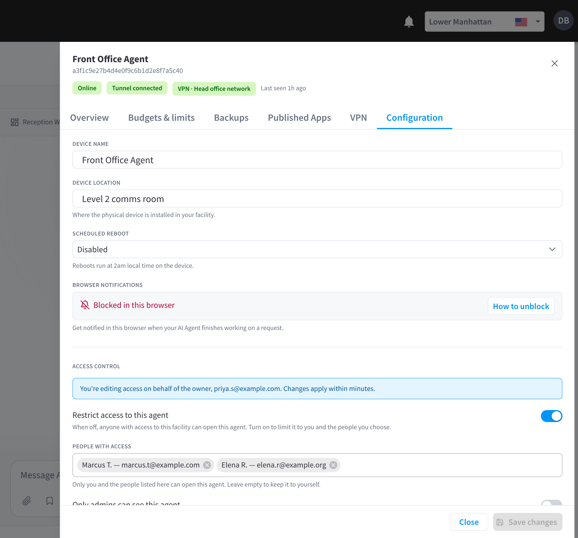 Onglet Configuration avec le nom de l'appareil, l'emplacement, le redémarrage planifié et les notifications du navigateur