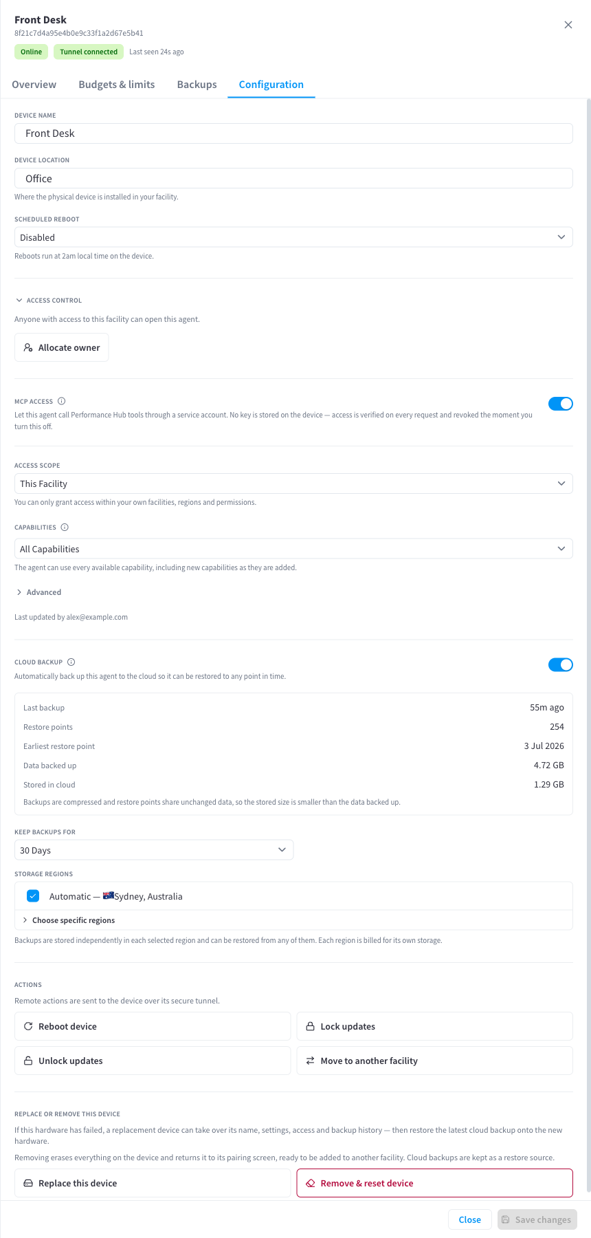 Device drawer — Configuration tab