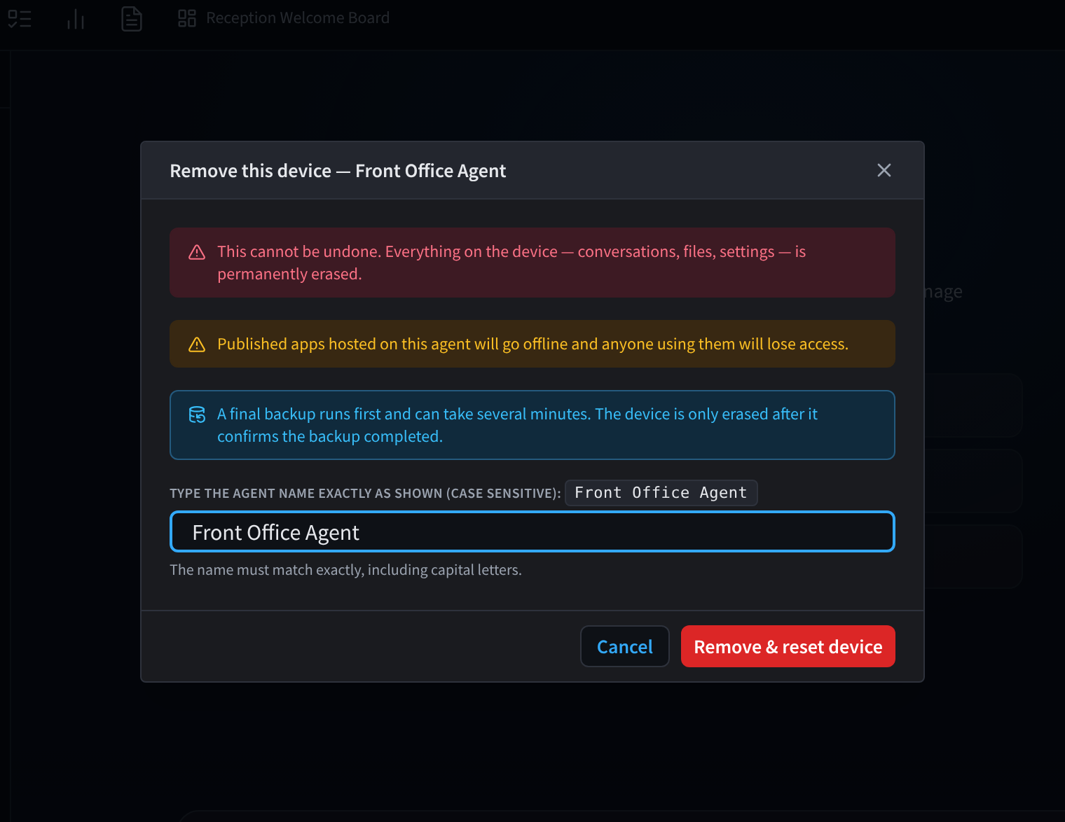 Confirmation de suppression et de réinitialisation vous demandant de saisir exactement le nom de l'agent, avec le nom saisi