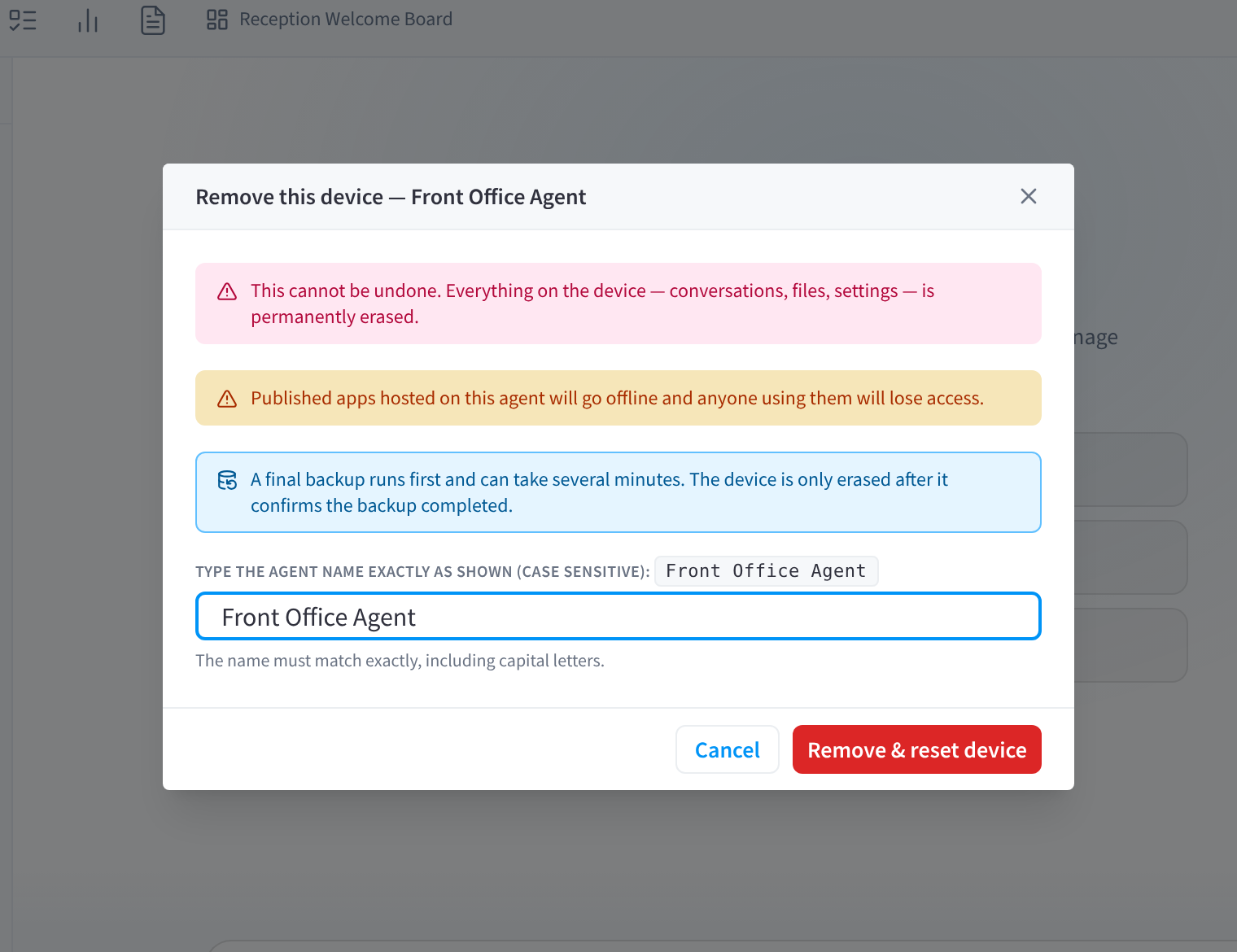 Confirmation de suppression et de réinitialisation vous demandant de saisir exactement le nom de l'agent, avec le nom saisi