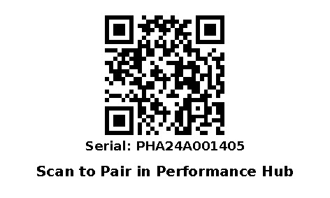 Etiqueta de emparejamiento con un código QR, el número de serie PHA24A001405 y las palabras Scan to Pair in Performance Hub