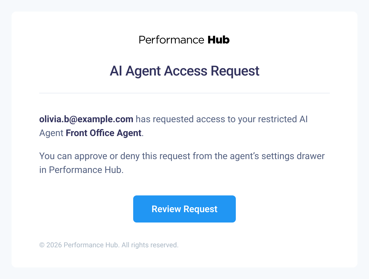 Emel permintaan akses daripada Performance Hub yang menyatakan olivia.b@example.com telah meminta akses kepada Ejen Front Office Ejen AI terhad, dengan butang Review Request