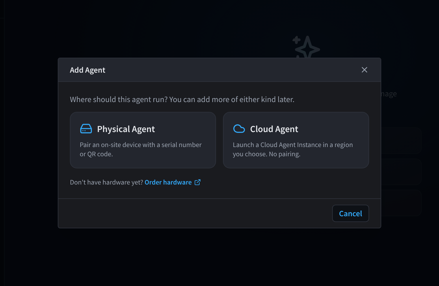 Add Agent-dialoogvenster met de keuze uit een Physical Agent of een Cloud Agent