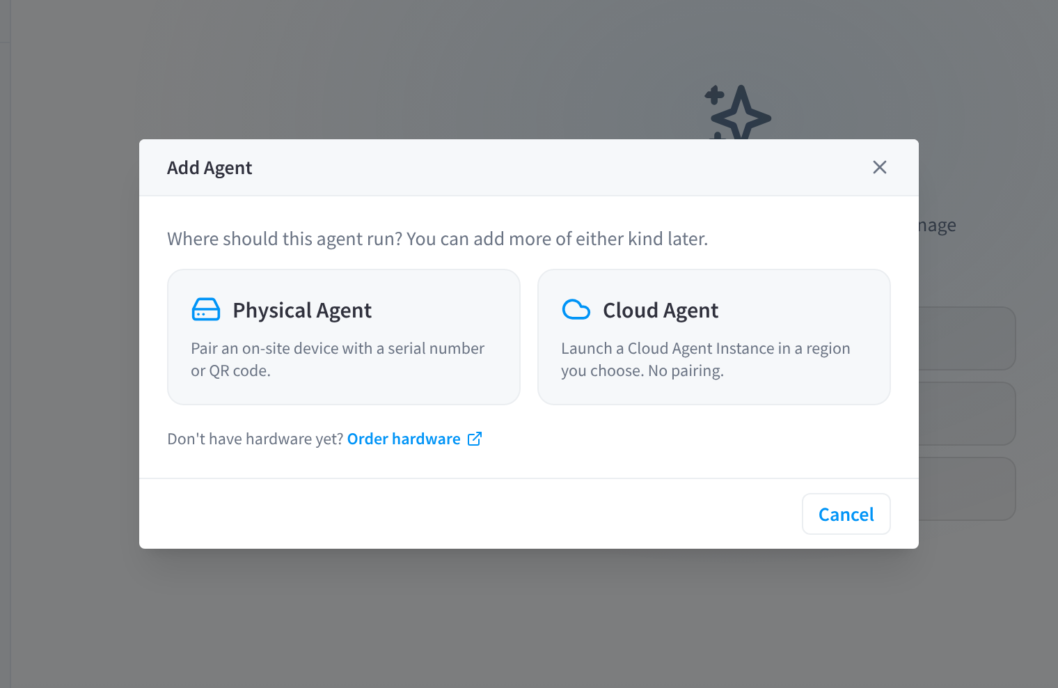 Add Agent-dialoogvenster met de keuze uit een Physical Agent of een Cloud Agent