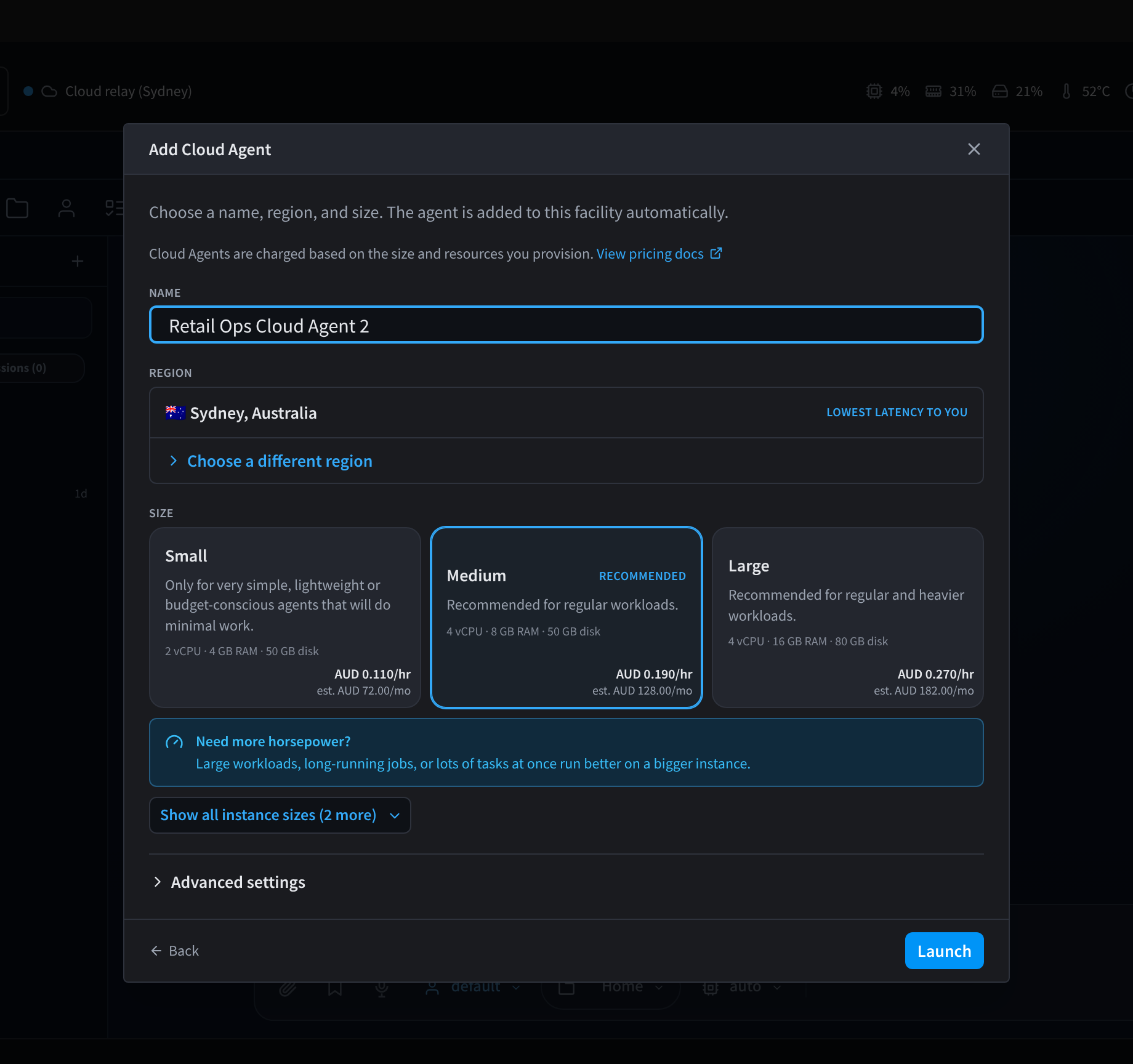 Dialoogvenster Add Cloud Agent met het veld Naam, Sydney, Australië als regio met de laagste latentie en Small, Medium en Large groottes met uurtarieven