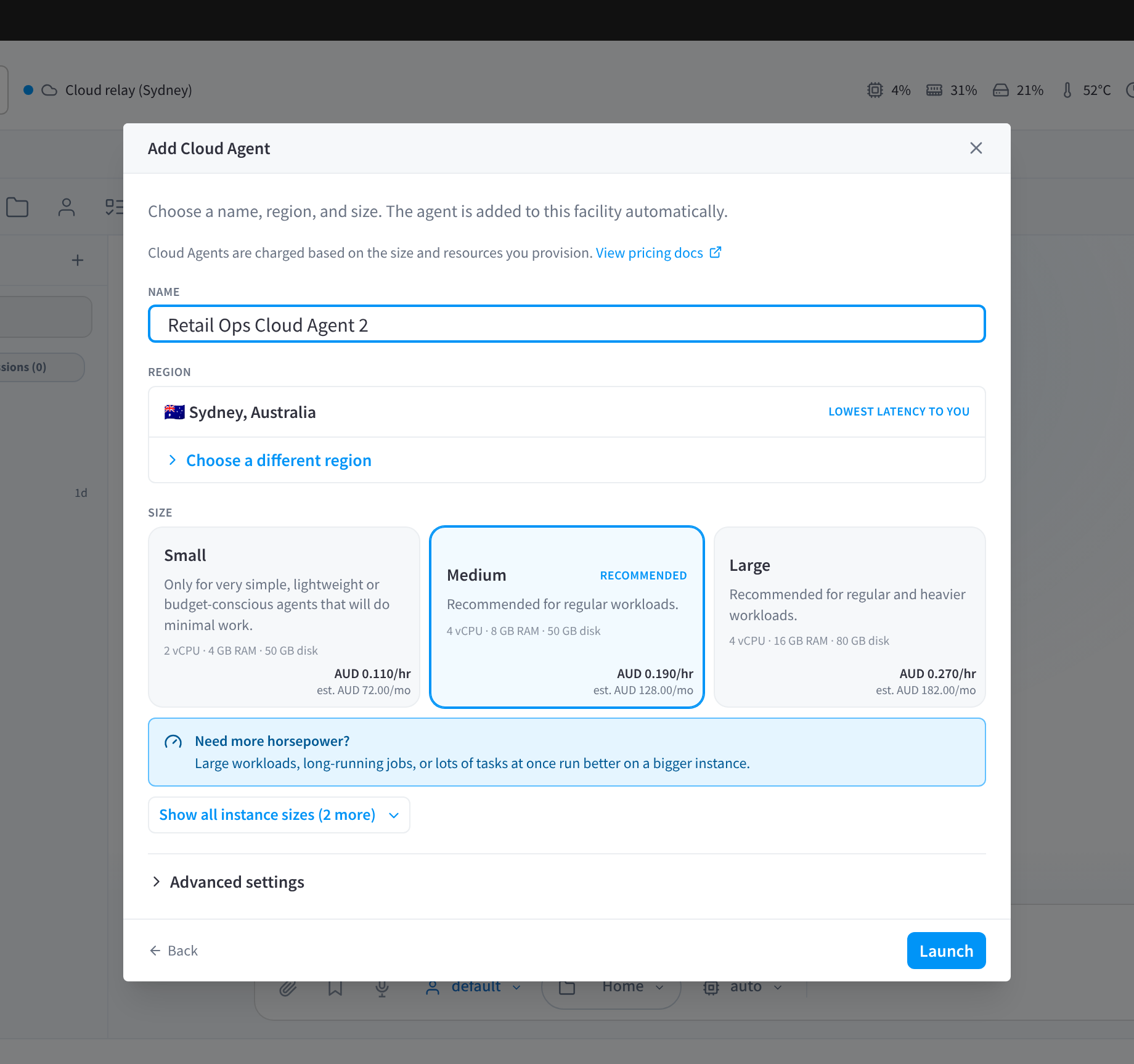 Dialoogvenster Add Cloud Agent met het veld Naam, Sydney, Australië als regio met de laagste latentie en Small, Medium en Large groottes met uurtarieven