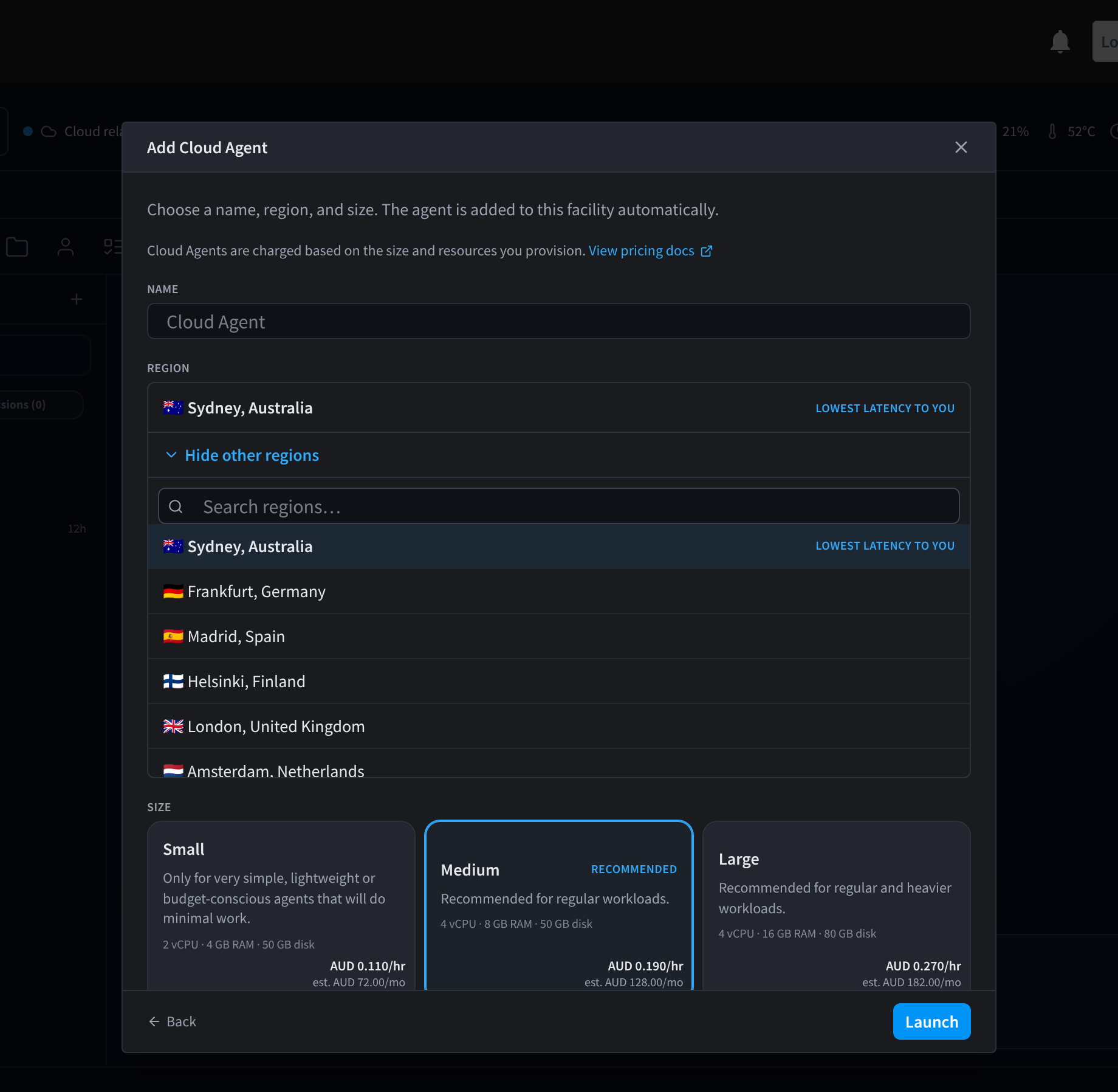 Regiolijst voor Add Cloud Agent met een zoekvak, Sydney, Australië en regio's in Europa
