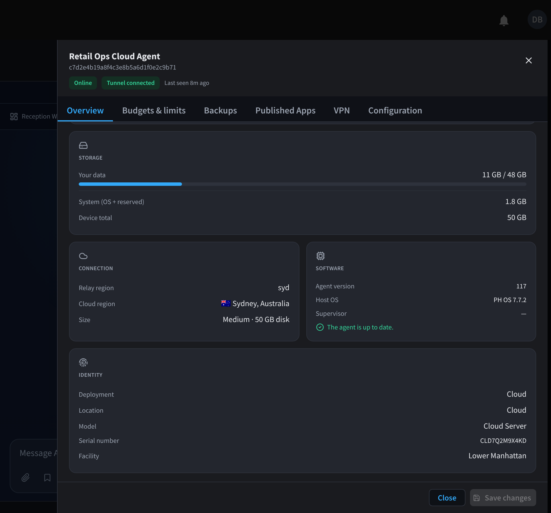 Vue d'ensemble de la gestion d'appareils pour un Cloud Agent Retail Ops affichant sa région du cloud et sa taille