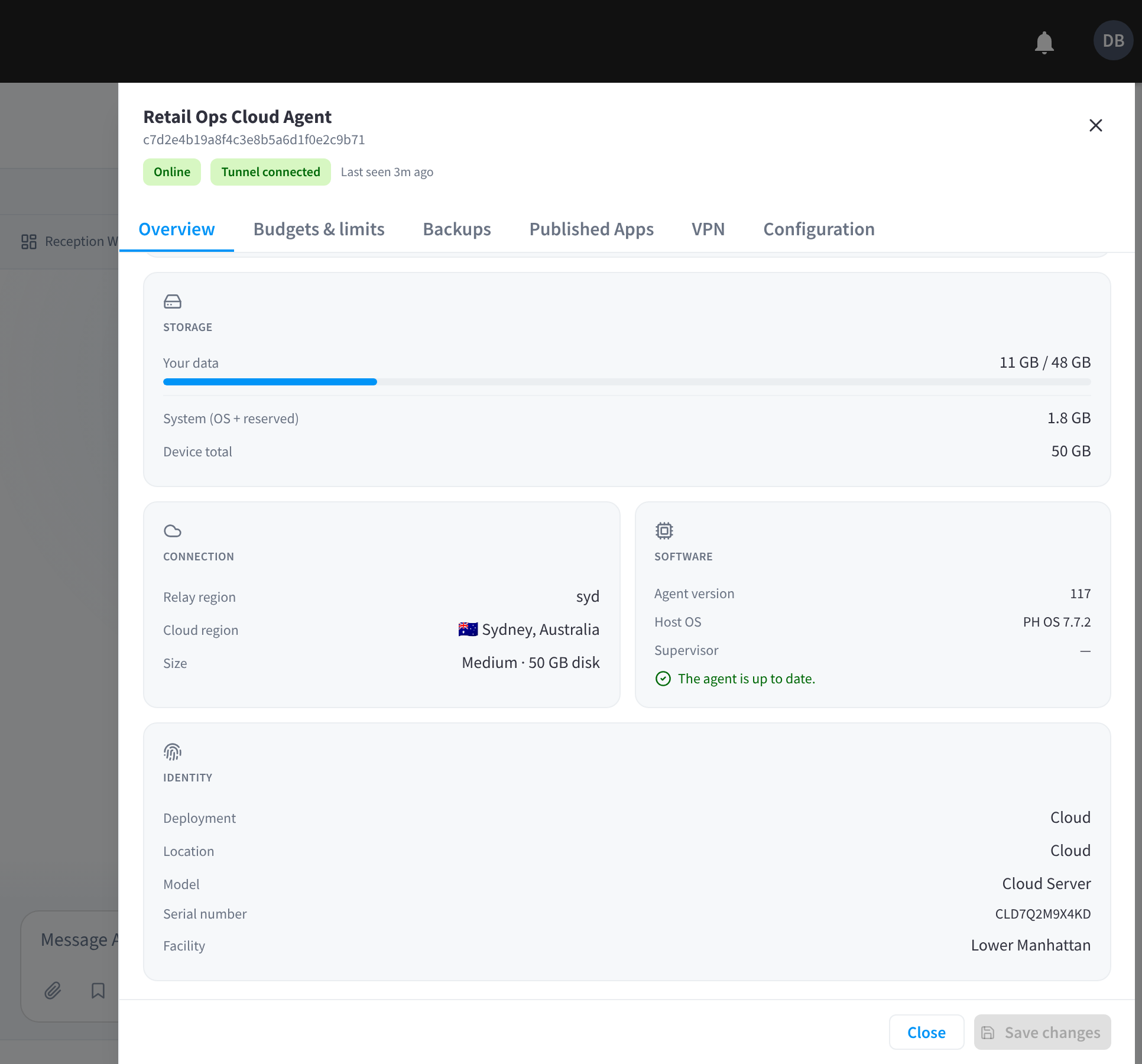 Vue d'ensemble de la gestion d'appareils pour un Cloud Agent Retail Ops affichant sa région du cloud et sa taille