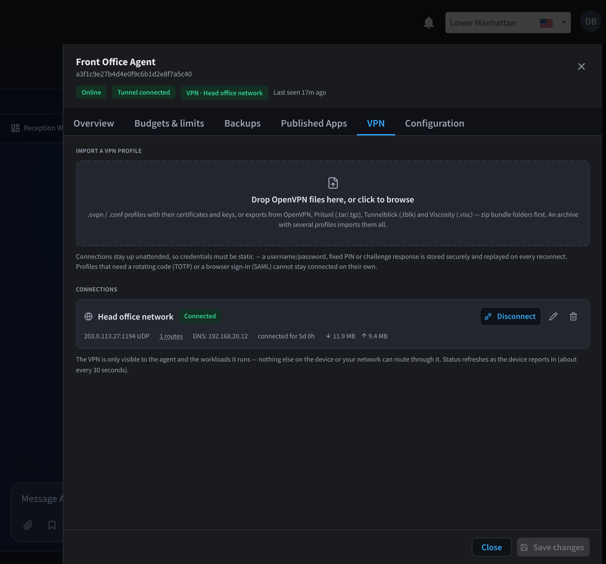 Onglet VPN avec la connexion réseau du siège social et la zone d'importation d'un profil VPN