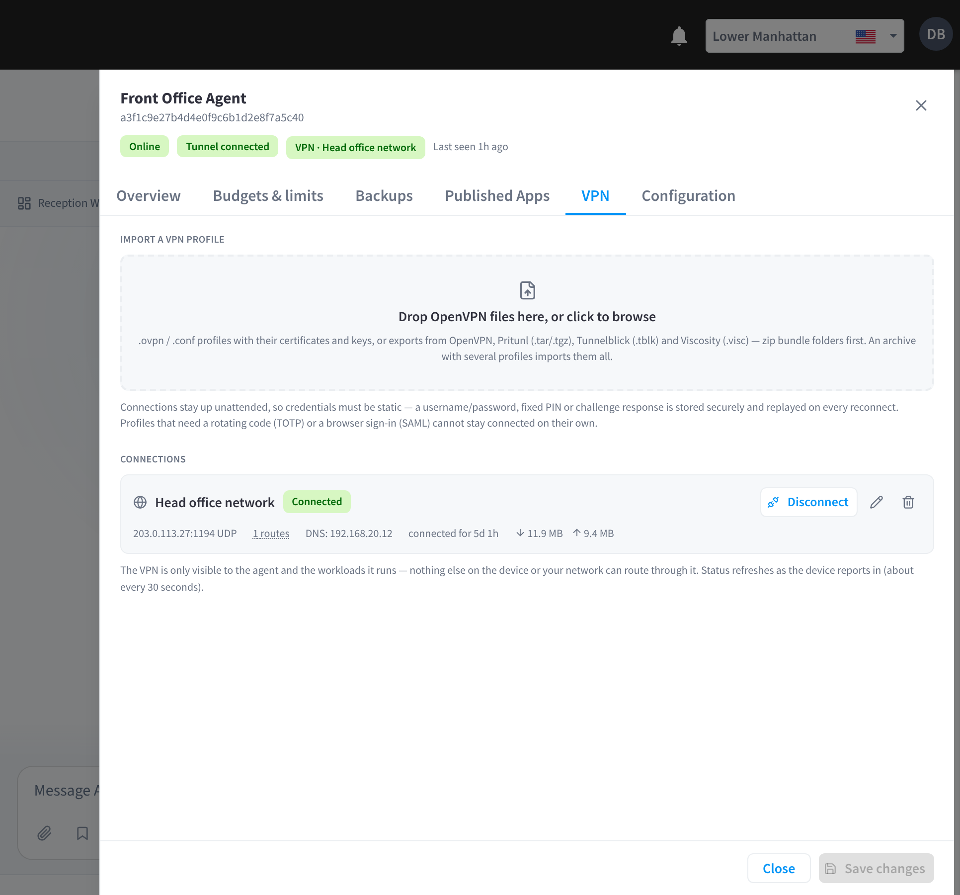 Onglet VPN avec la connexion réseau du siège social et la zone d'importation d'un profil VPN