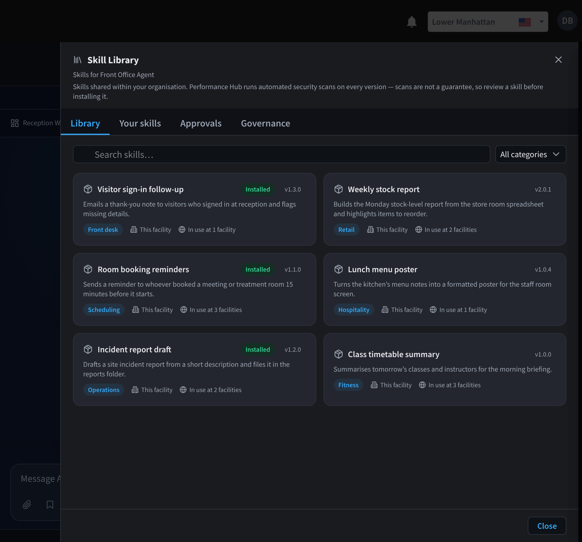 Skill Library met een overzicht van binnen de organisatie gedeelde skills, zoals Aanmeldopvolging bezoeker en Wekelijks voorraadrapport