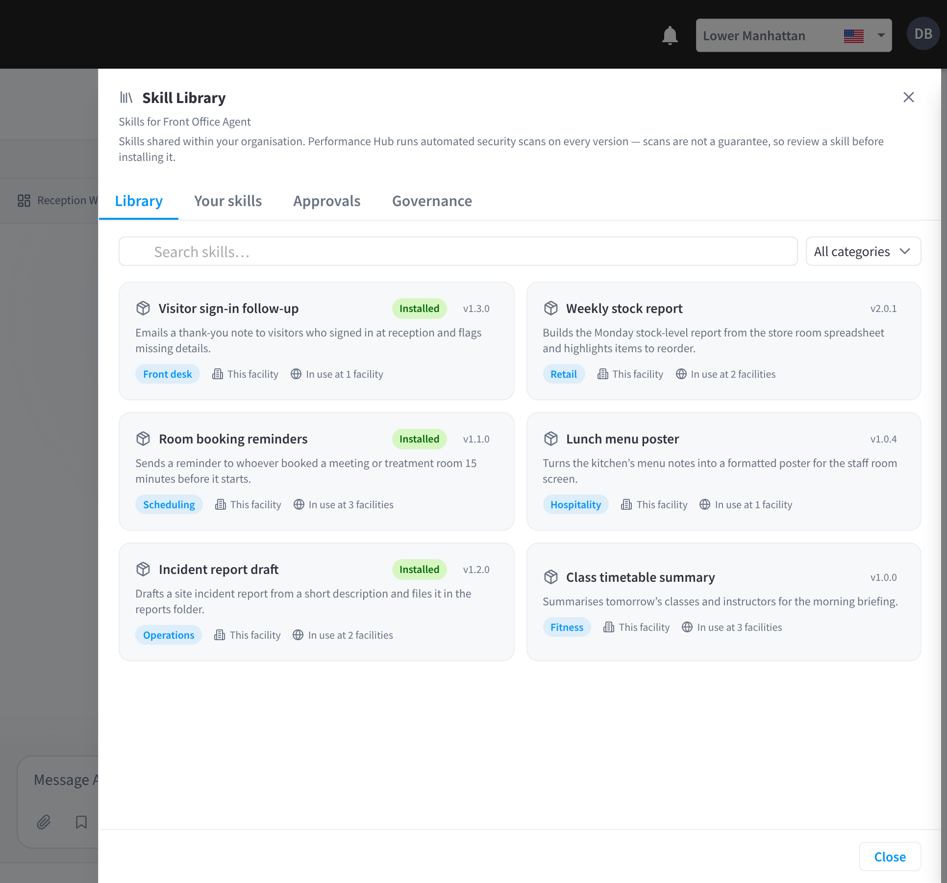 Skill Library met een overzicht van binnen de organisatie gedeelde skills, zoals Aanmeldopvolging bezoeker en Wekelijks voorraadrapport