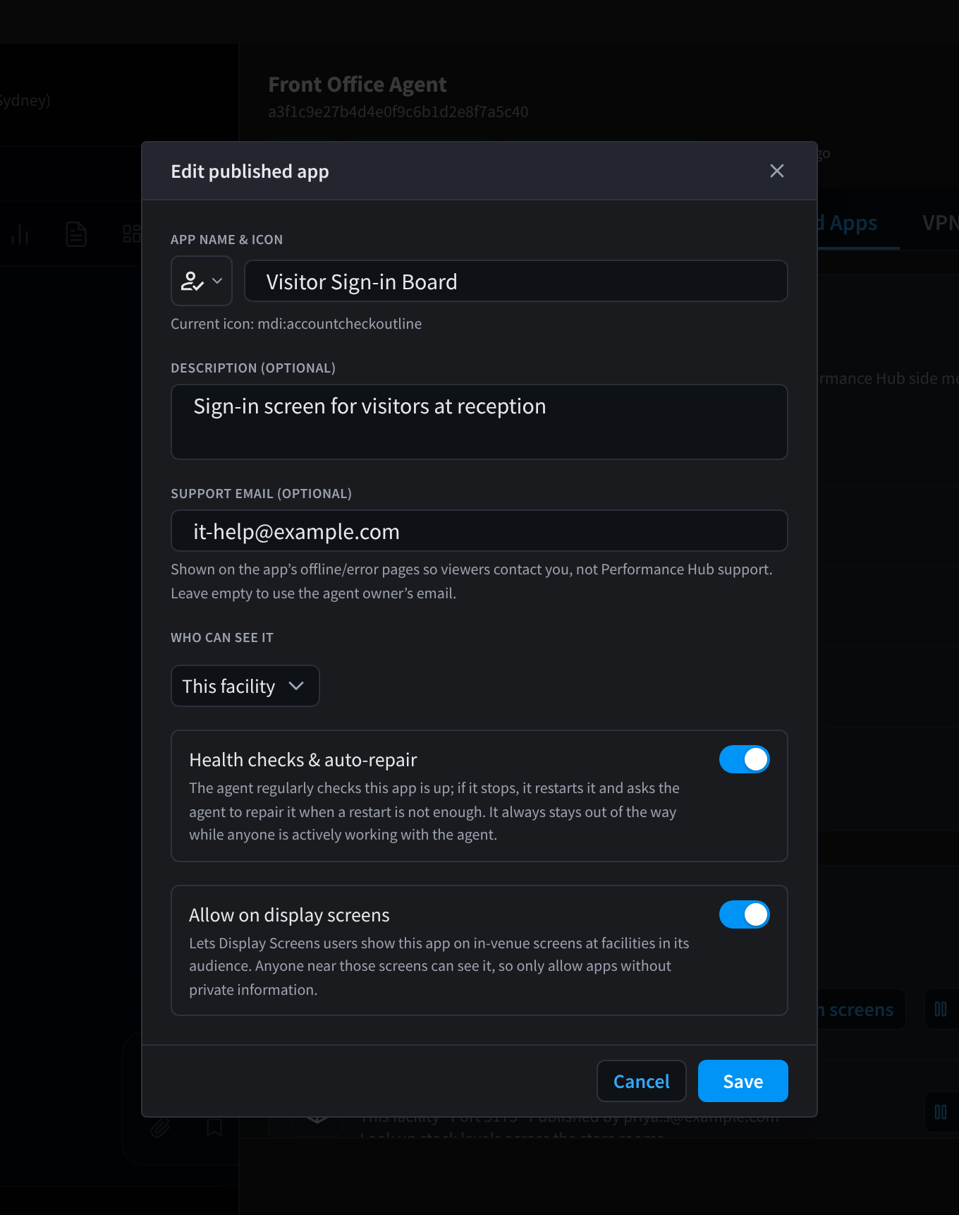Edit published app डायलॉग जिसमें कौन इसे देख सकता है, स्क्रीन पर दिखाएं और Health checks & auto-repair स्विच शामिल हैं
