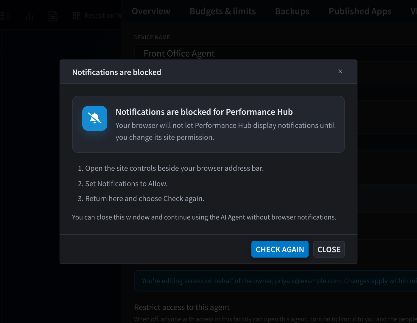 ब्राउज़र में Performance Hub के लिए सूचनाओं की अनुमति देने का तरीका समझाने वाले डायलॉग को अनब्लॉक कैसे करें