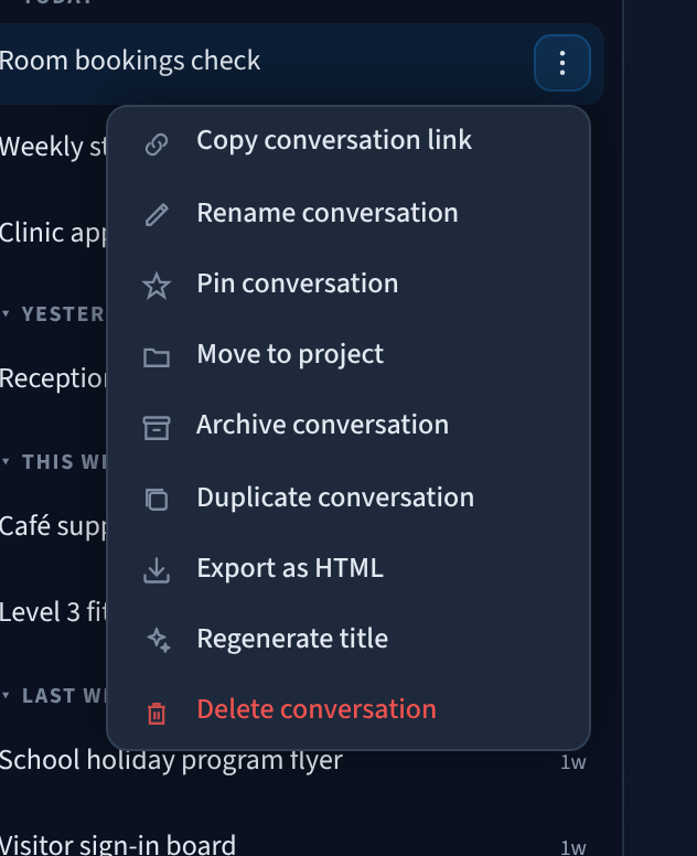เมนูการสนทนาพร้อมตัวเลือก Copy conversation link, Rename, Pin, Move to project, Archive, Duplicate, Export as HTML, Regenerate title และ Delete conversation
