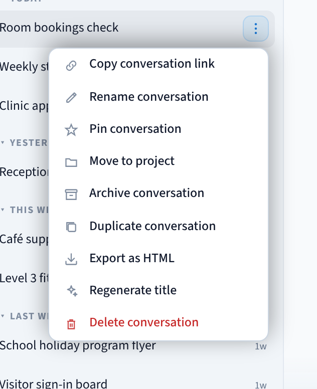 เมนูการสนทนาพร้อมตัวเลือก Copy conversation link, Rename, Pin, Move to project, Archive, Duplicate, Export as HTML, Regenerate title และ Delete conversation