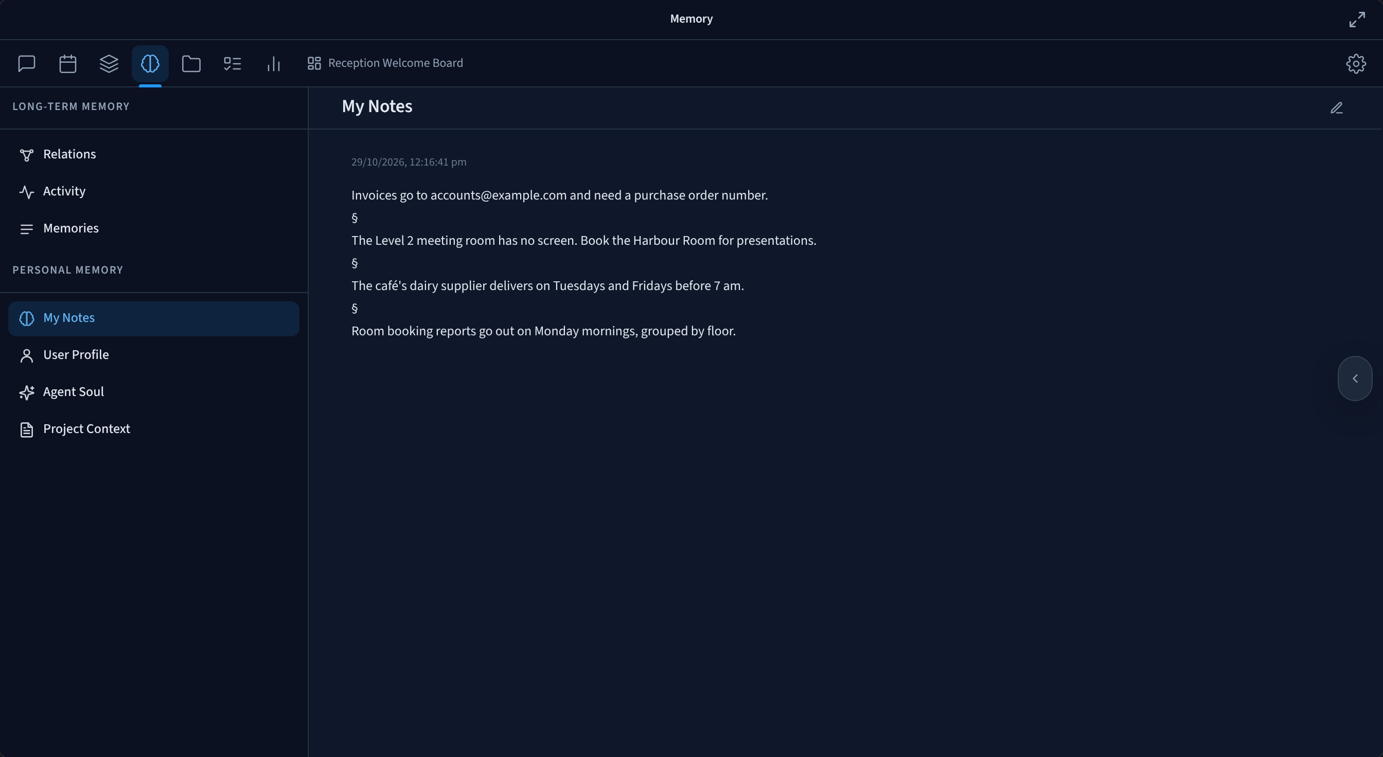 علامة تبويب الذاكرة مع فتح ملاحظات My Notes، وتظهر ملاحظات مثل مكان إرسال الفواتير وأي غرفة اجتماعات ليس لها شاشة