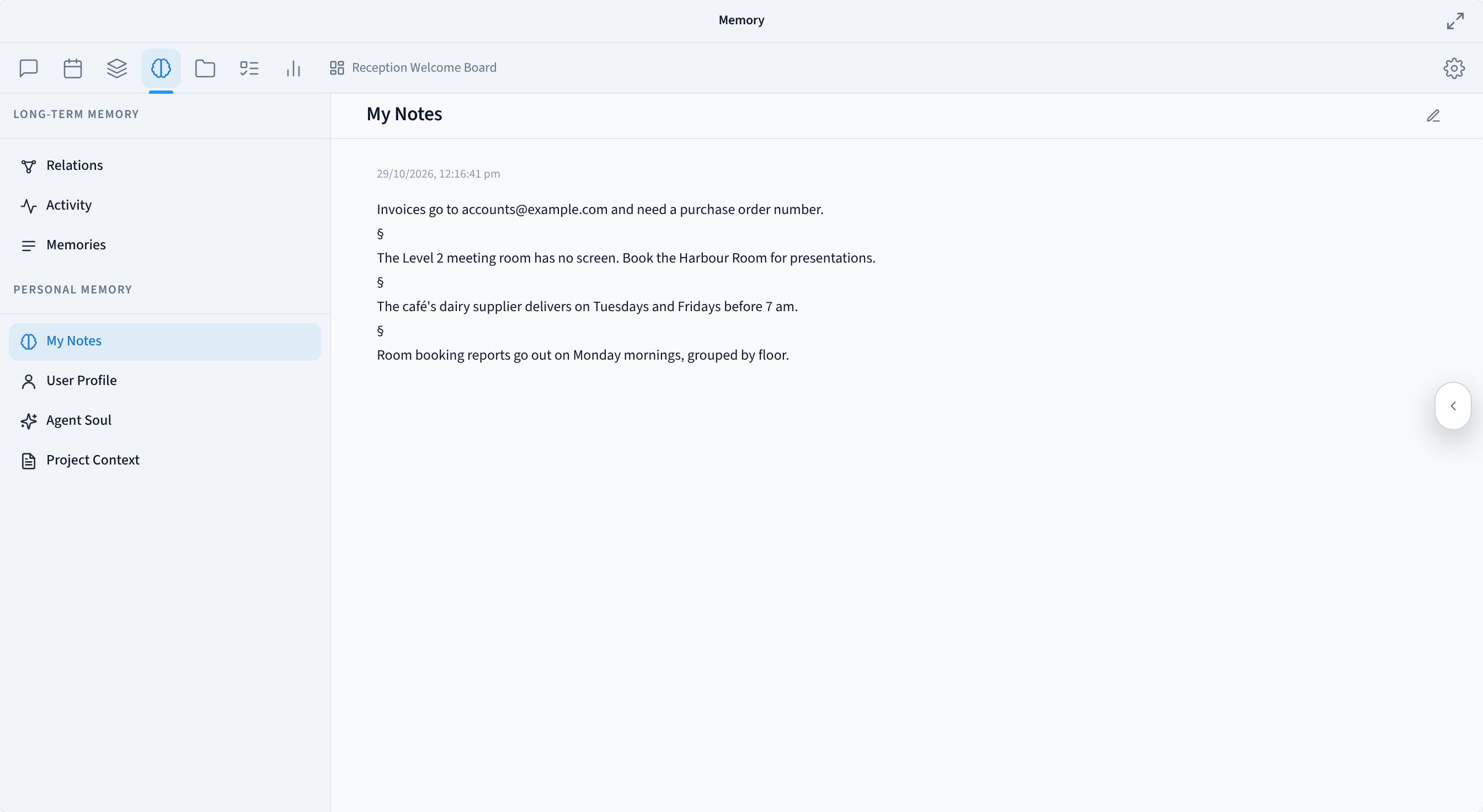 علامة تبويب الذاكرة مع فتح ملاحظات My Notes، وتظهر ملاحظات مثل مكان إرسال الفواتير وأي غرفة اجتماعات ليس لها شاشة