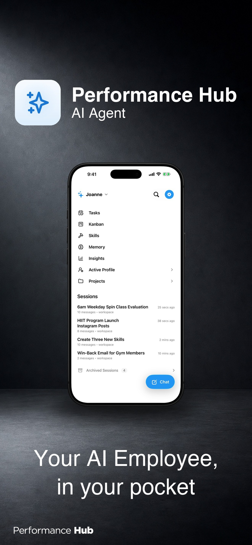App Store image for the AI Agent iPhone app: the sidebar with Tasks, Kanban, Skills, Memory, Insights, Active Profile and Projects above a list of recent sessions