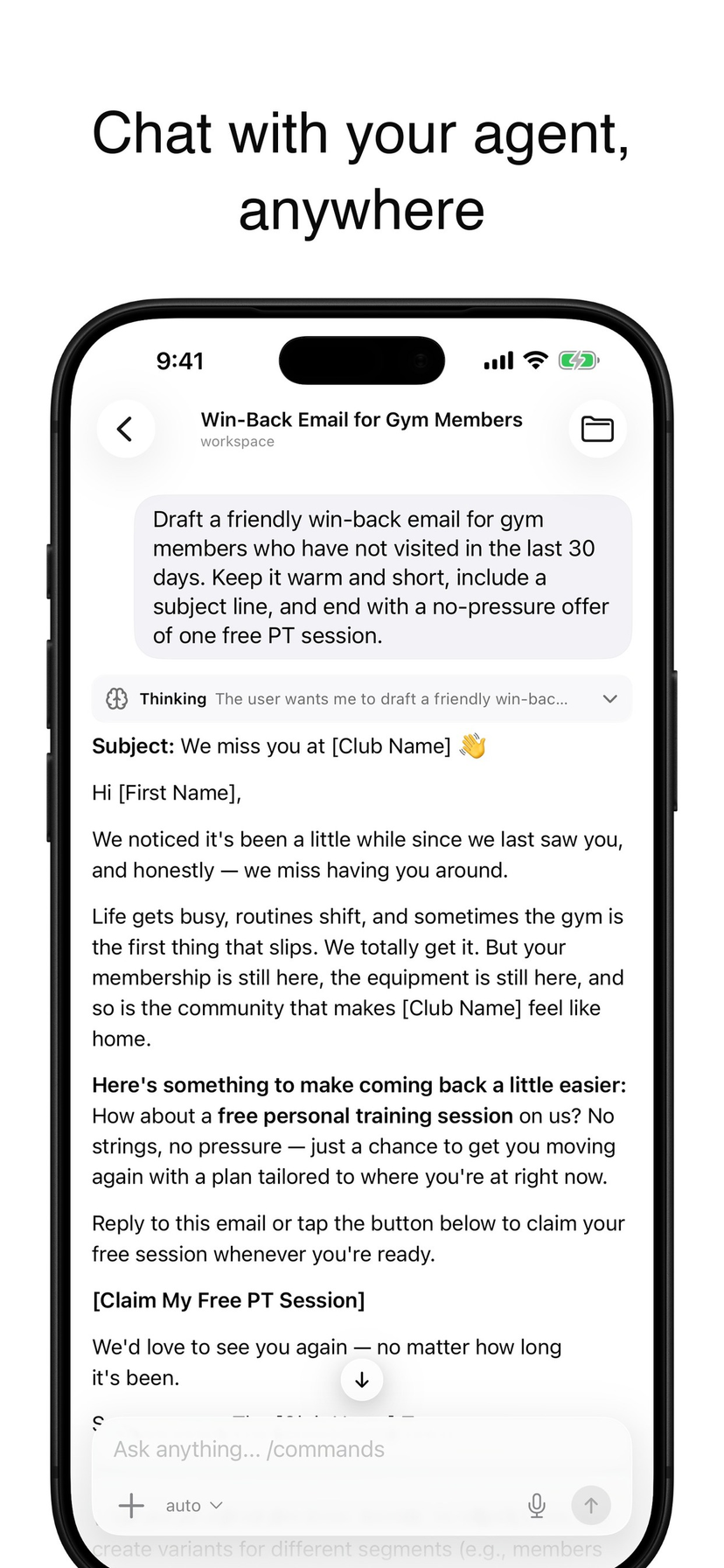 App Store image for the AI Agent iPhone app: a chat in which the agent drafts a win-back email, with its Thinking card above the reply
