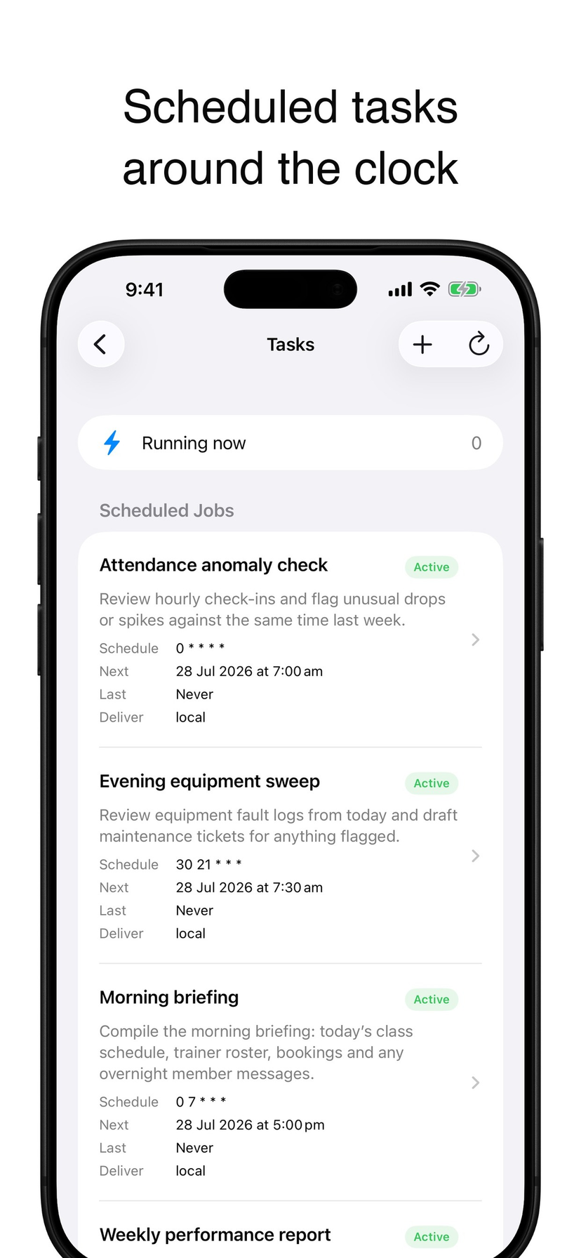 App Store image for the AI Agent iPhone app: the Tasks screen with scheduled jobs including an attendance anomaly check, an evening equipment sweep and a morning briefing