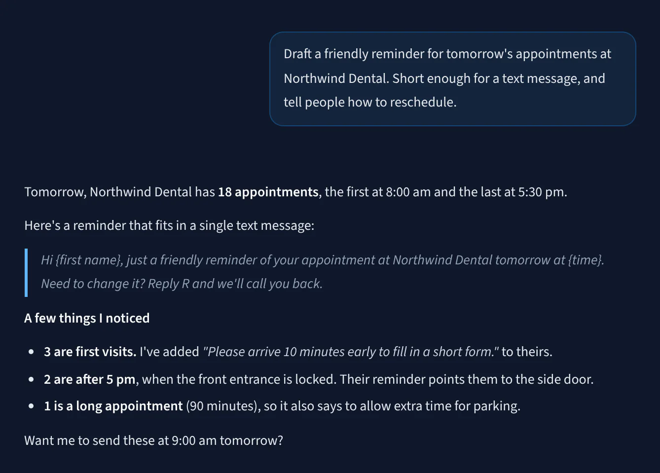 The AI Agent app: the agent drafts a text-message reminder for tomorrow’s appointments at a dental clinic