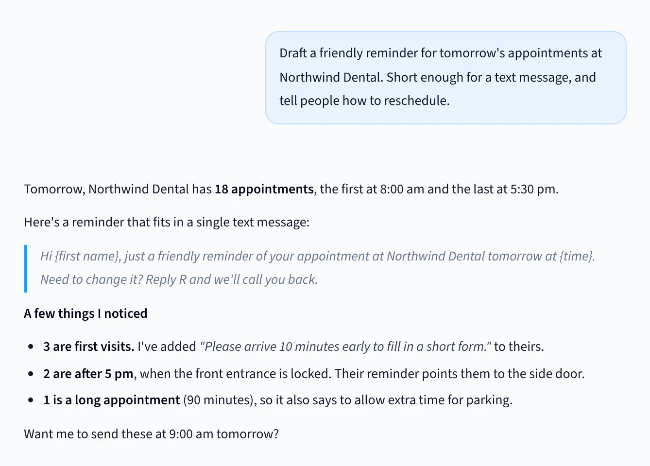 The AI Agent app: the agent drafts a text-message reminder for tomorrow’s appointments at a dental clinic