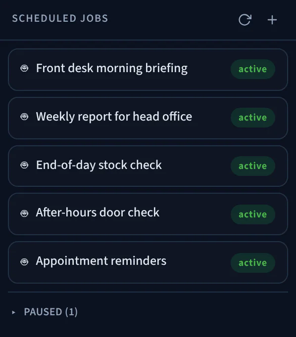 The AI Agent app: scheduled tasks including a front desk morning briefing, a weekly report for head office and an end-of-day stock check