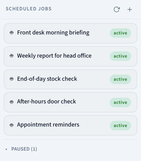 The AI Agent app: scheduled tasks including a front desk morning briefing, a weekly report for head office and an end-of-day stock check