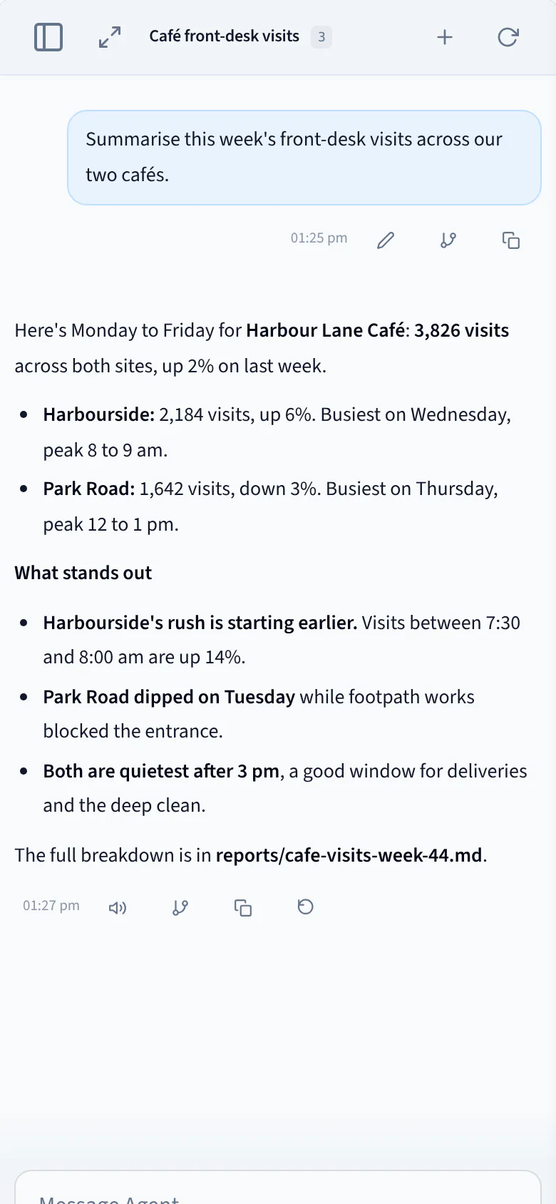The AI Agent on a phone: the same café visits summary