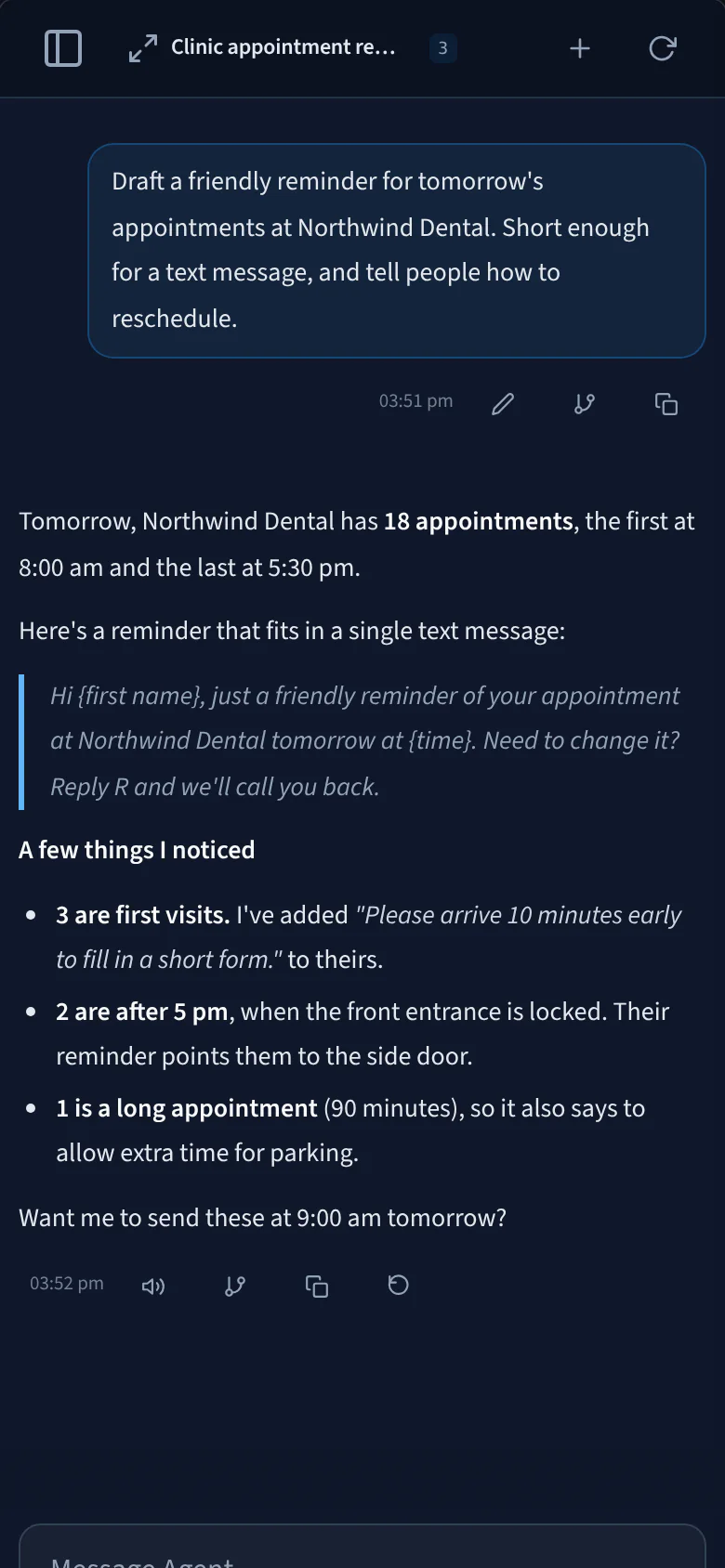 The AI Agent on a phone: the same dental clinic reminder chat
