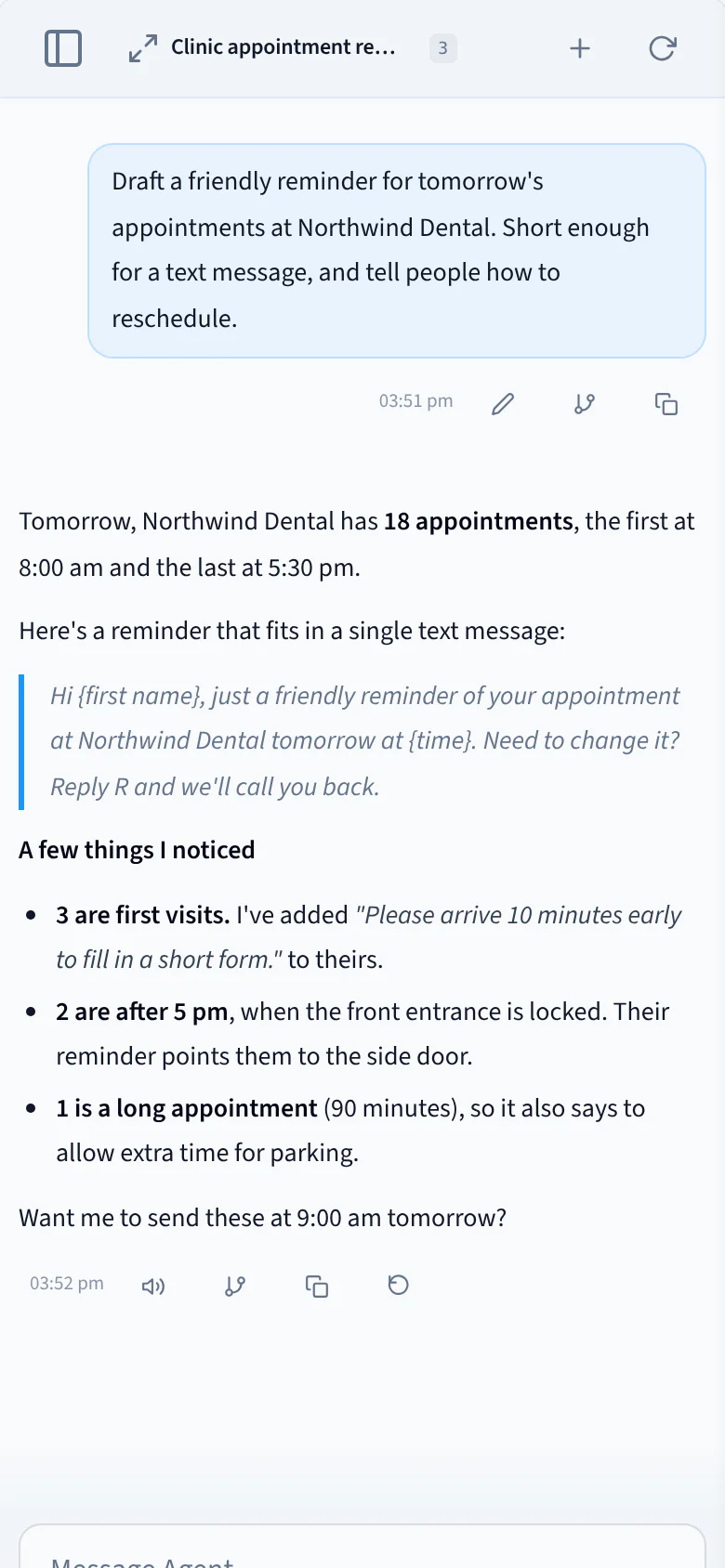 The AI Agent on a phone: the same dental clinic reminder chat