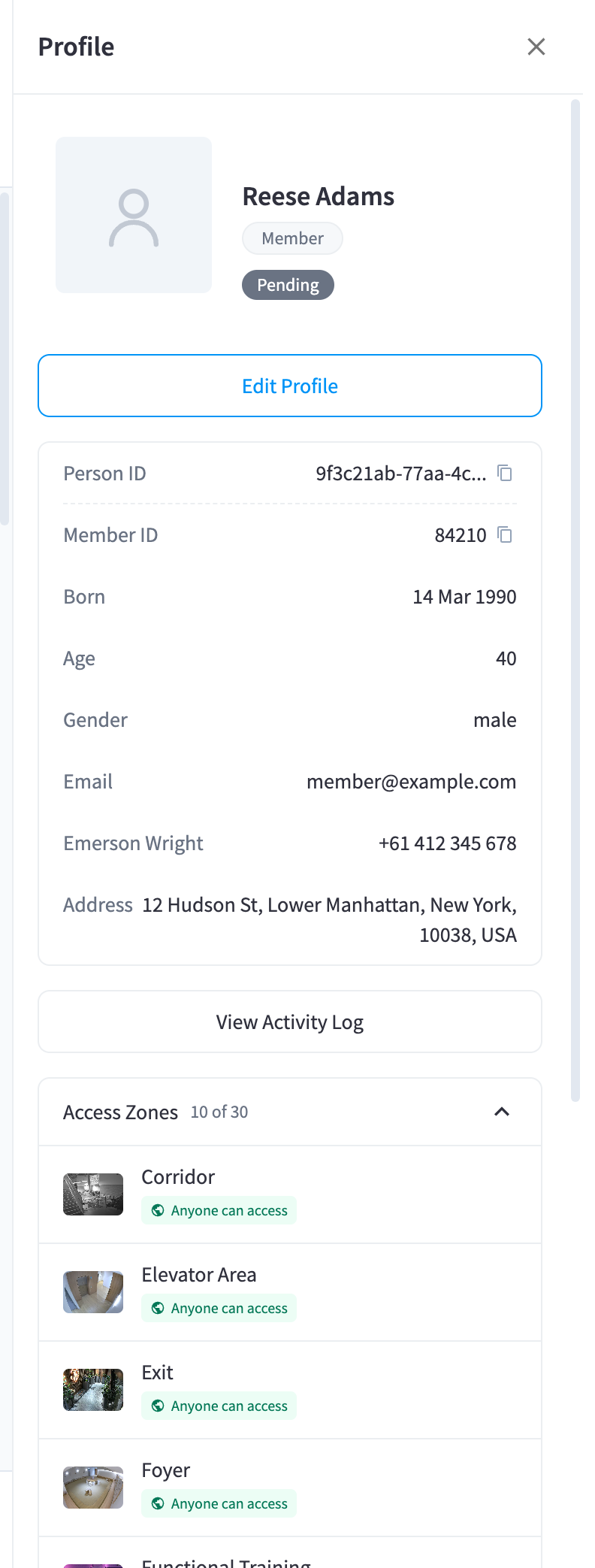 Member profile panel