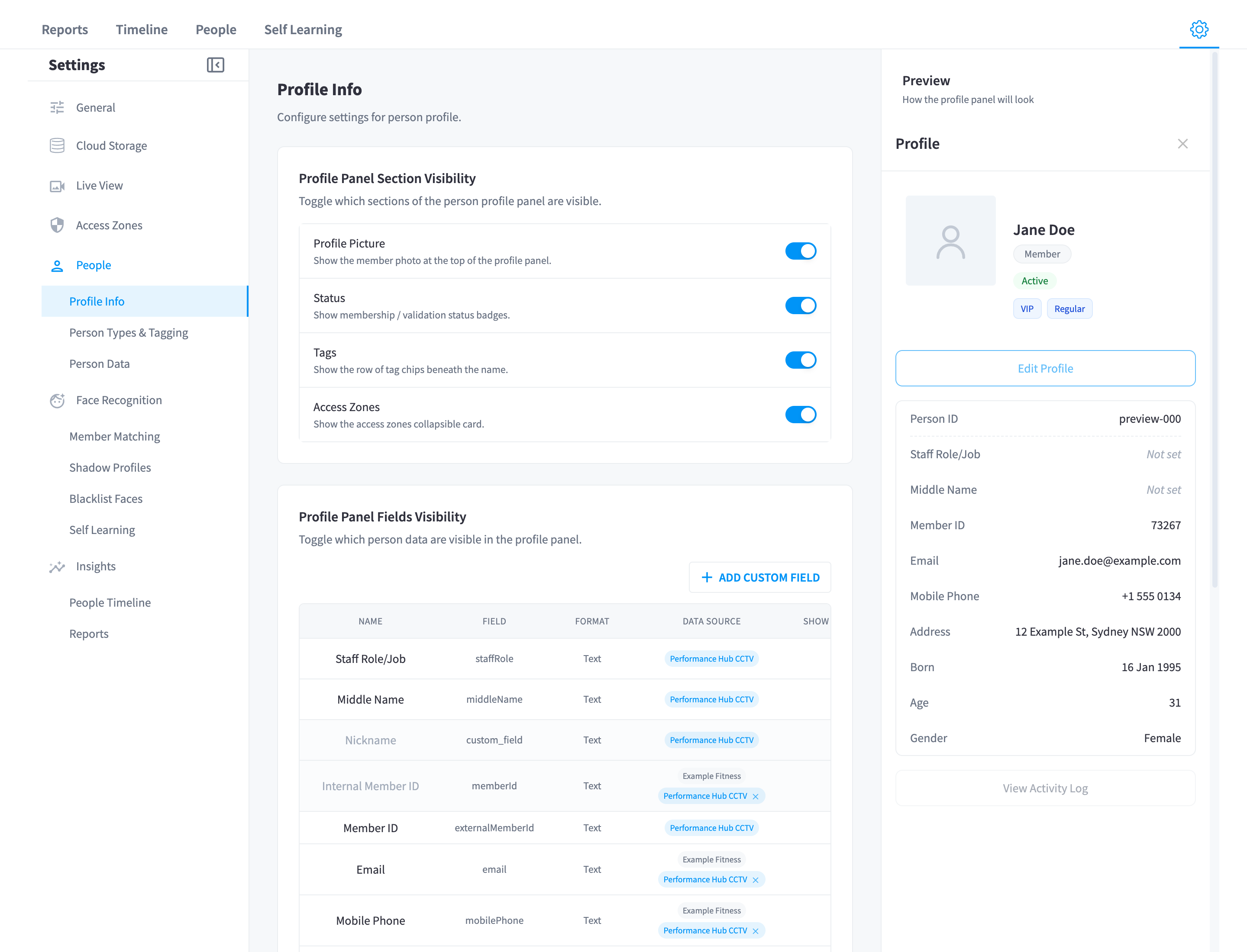 Profile Info settings