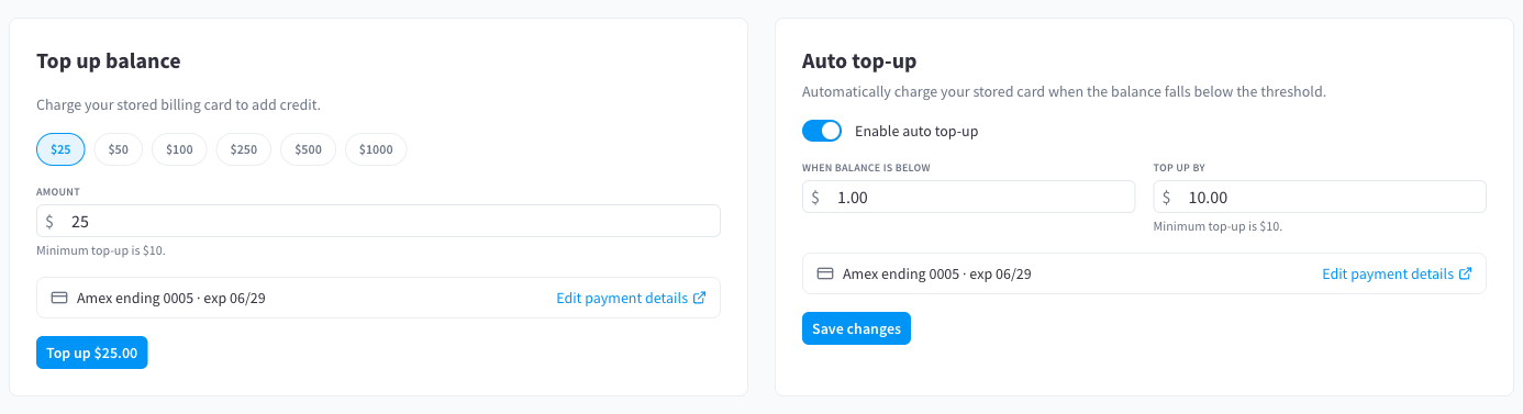 Top up balance and Auto top-up cards