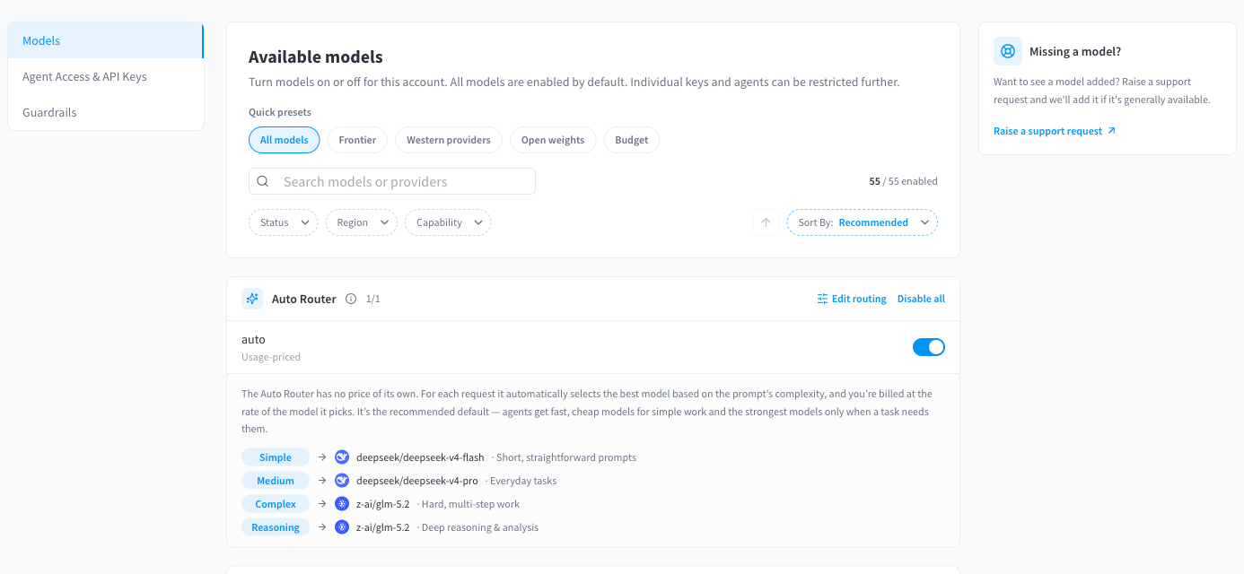 Available models header with quick presets and the Auto Router