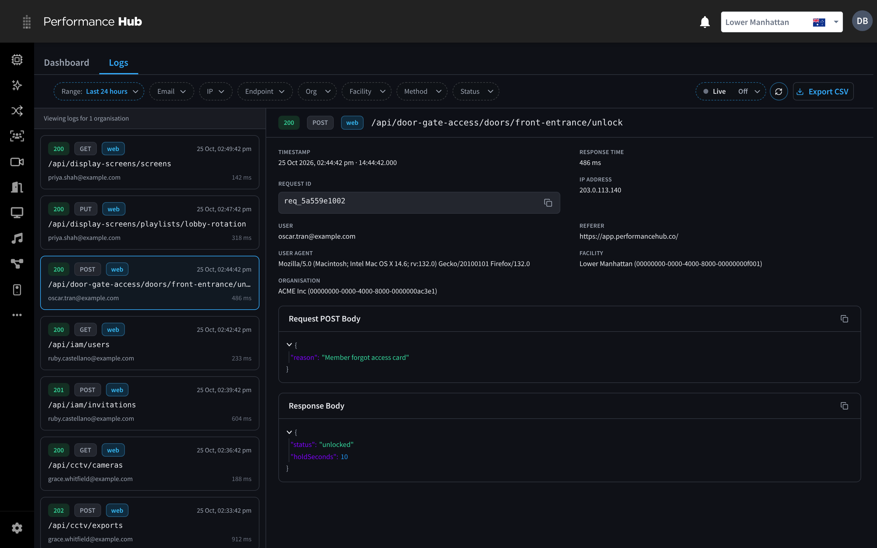 The Logs tab, with the filter bar along the top, a list of requests on the left and the selected request's details on the right