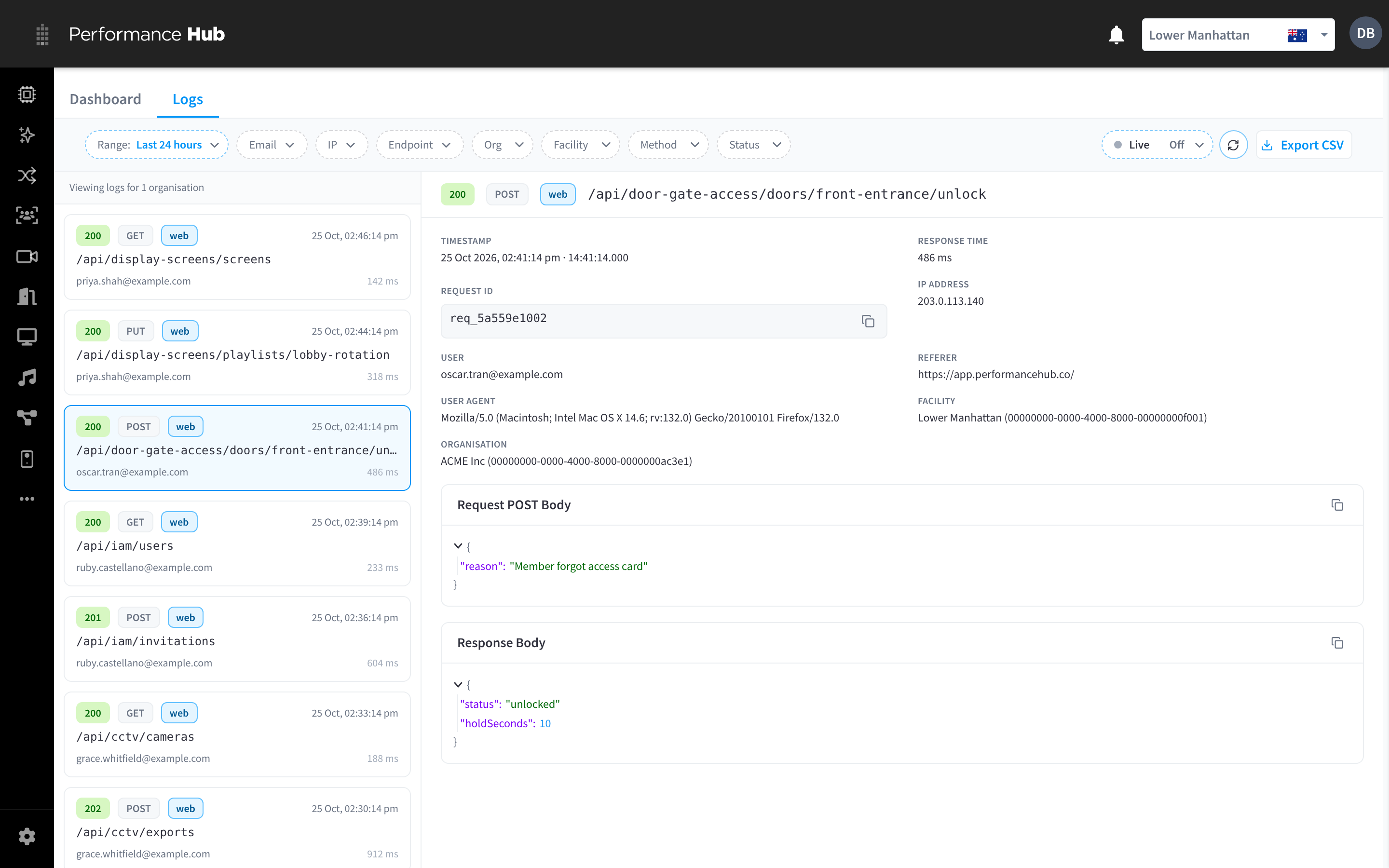 The Logs tab, with the filter bar along the top, a list of requests on the left and the selected request's details on the right