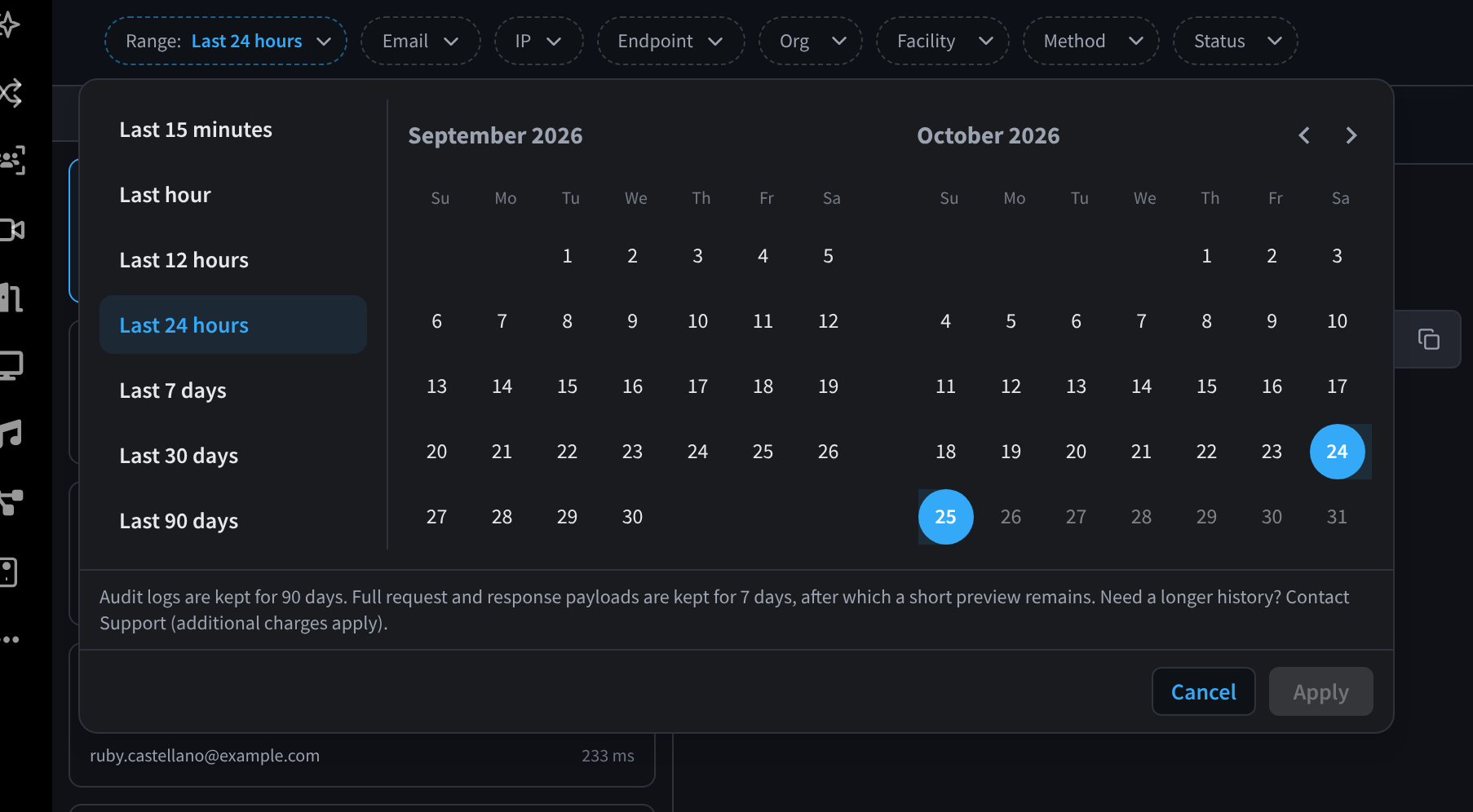 The Range menu open, with presets from Last 15 minutes to Last 90 days, a two-month calendar and the note about how long logs are kept