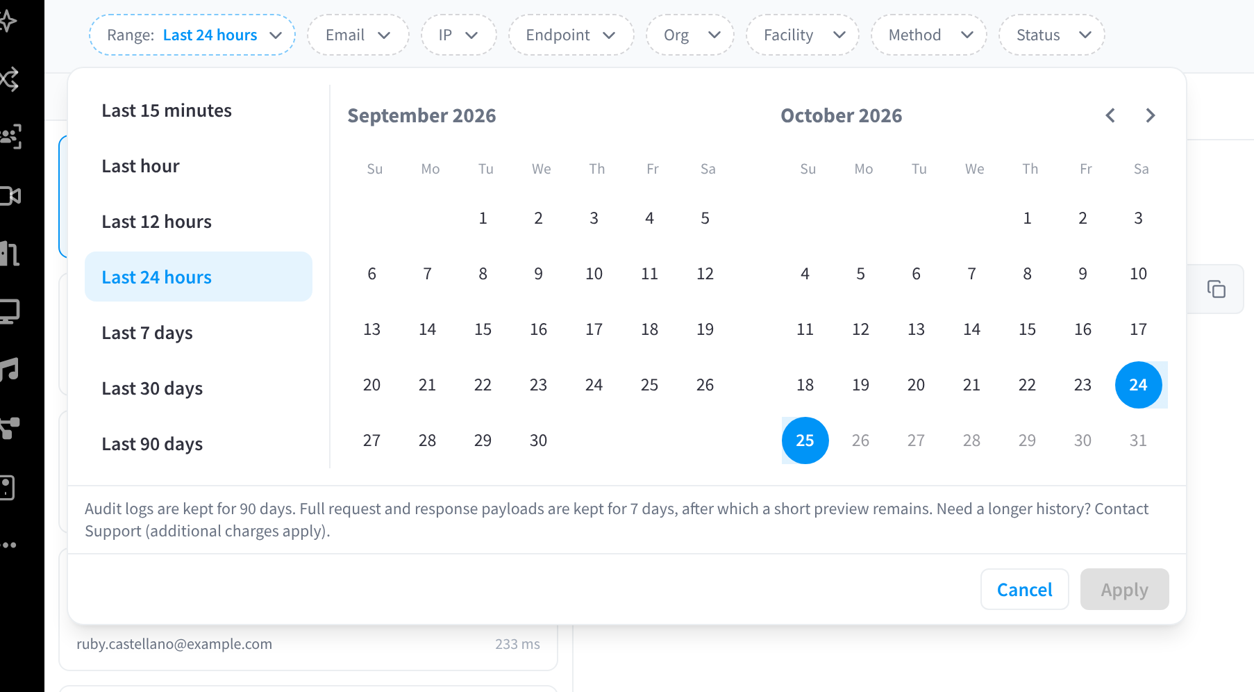 The Range menu open, with presets from Last 15 minutes to Last 90 days, a two-month calendar and the note about how long logs are kept